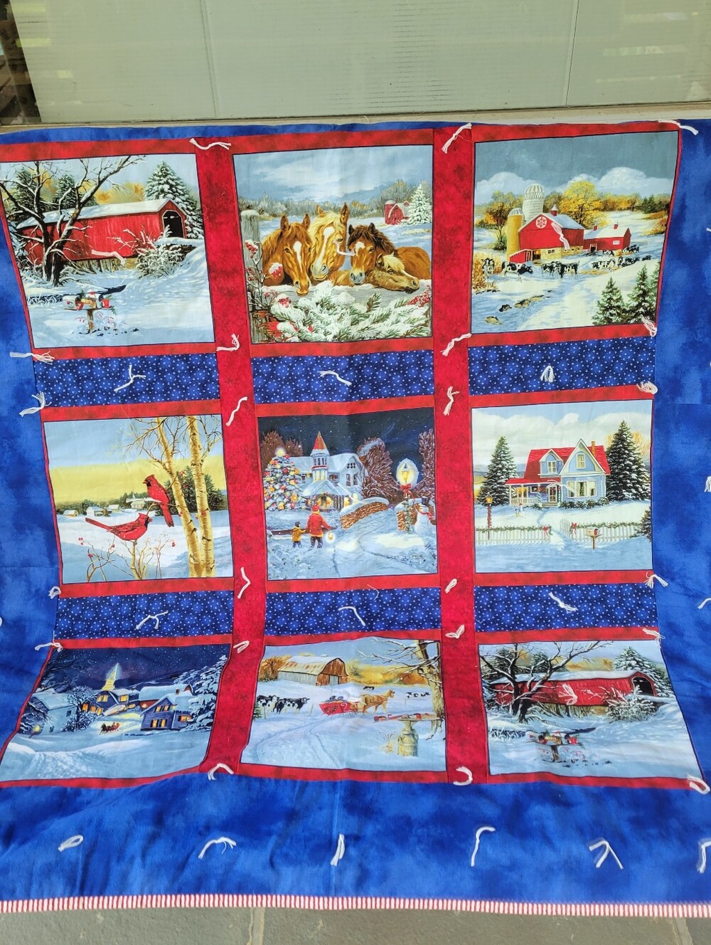 Handmade Quilt  Lap Blanket Winter Scenes  Blanket  Red & Blue 46" x 50"